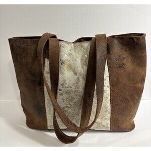 Crazy Heifers Western Style Tote Brown Leather Cream Hair on Hide Gold Print Bag